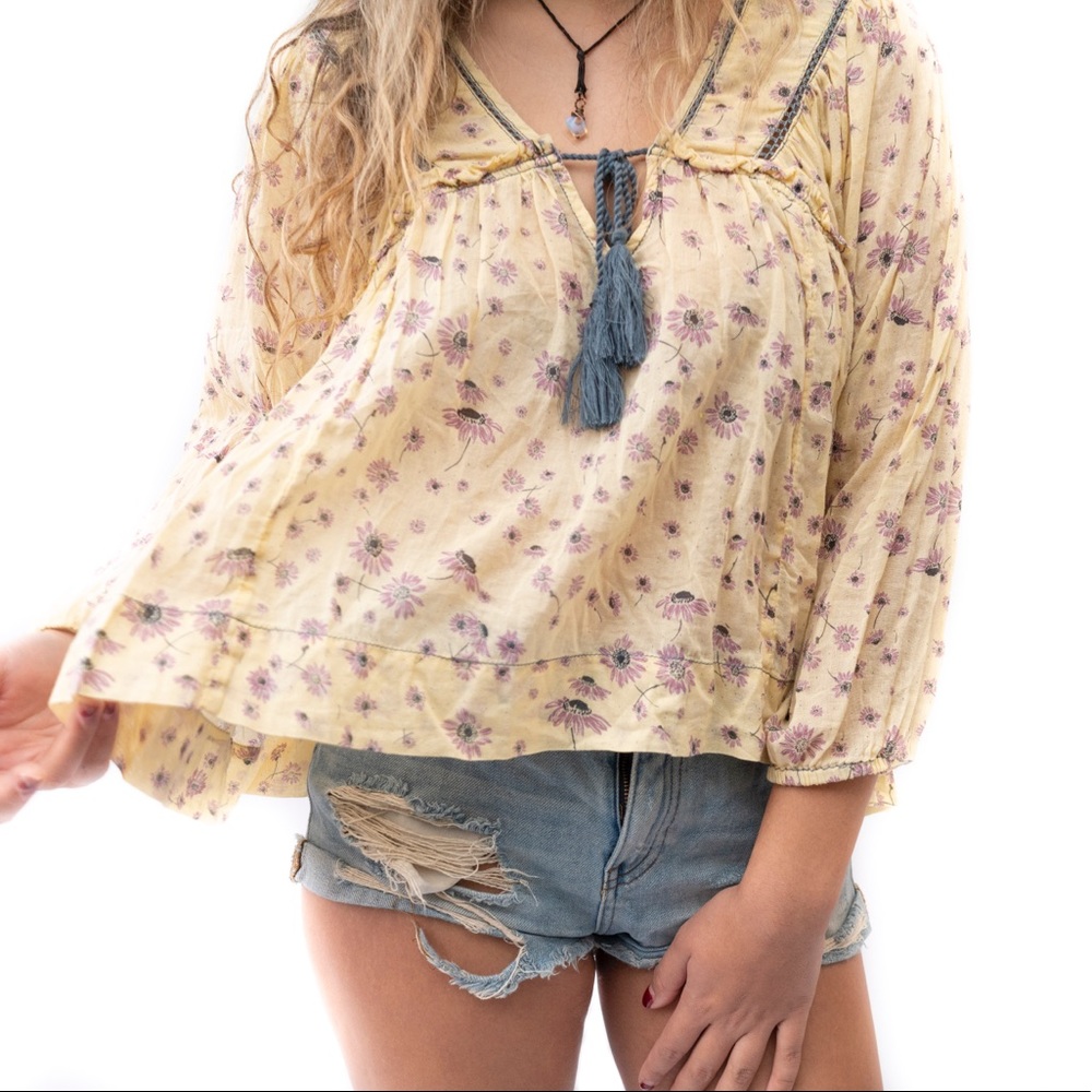 Free People: Yellow Floral Bohemian Long Sleeve